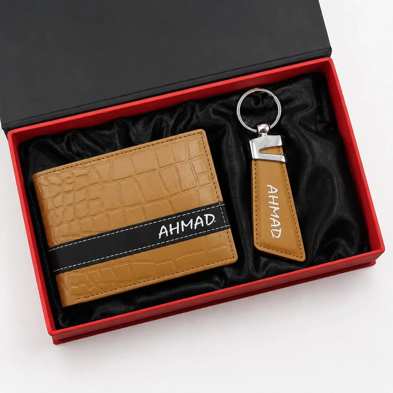 Camel Leather Wallet Keychain Set
